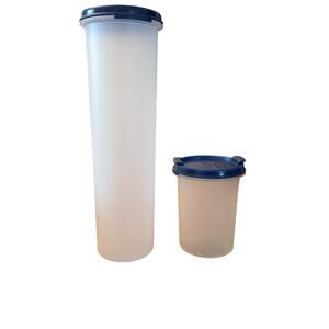 Vintage Tupperware Pasta and Parmesan cheese containers.  Both with Blue lids.